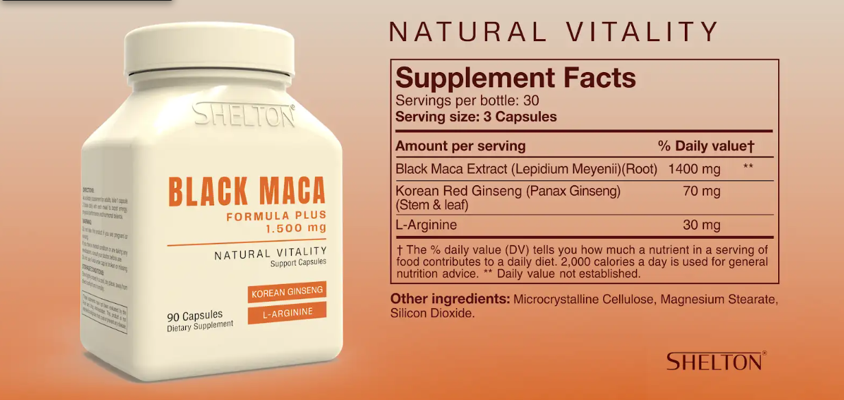 MACA NEGRA SHELTON 90 Cápsulas 1500mg – Energía y Vitalidad Masculina